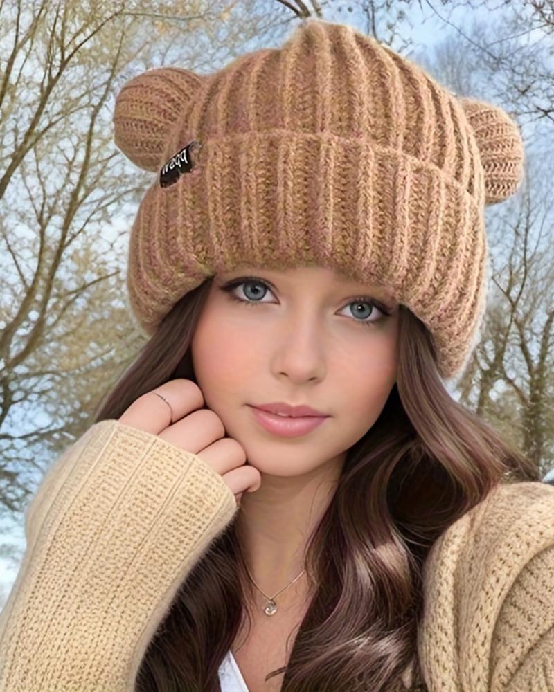 

Cuffed Knit Winter Warm Beanie Hat With Bear Ears, Khaki