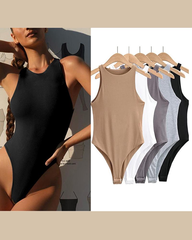 

Sleeveless Round Neck Tummy Control Shapewear Bodysuit, Black