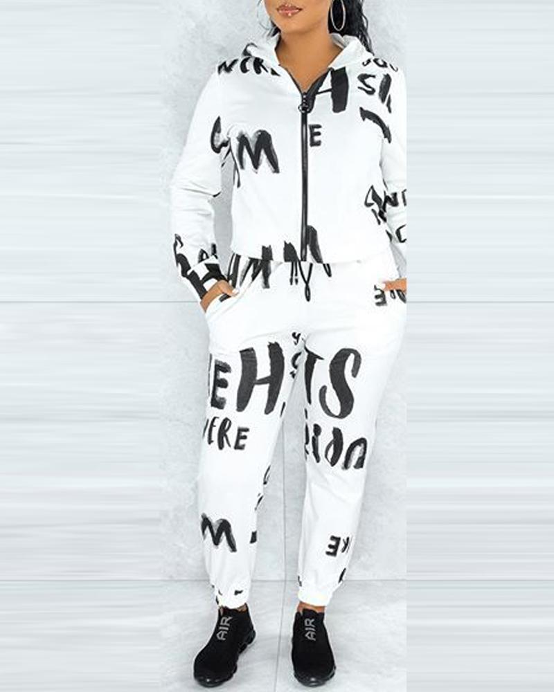 

Letter Print Hooded Zip Up Top & Pants Set, White