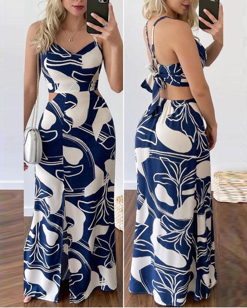 

Plants Print Criss Cross Tie Back Split Cami Maxi Dress, Blue