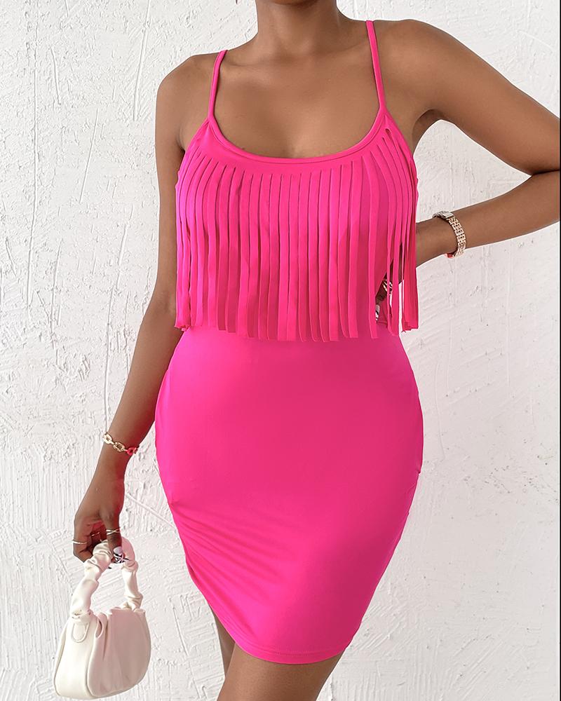 

Tassel Pocket Design Sleeveless Casual Dress, Hot pink