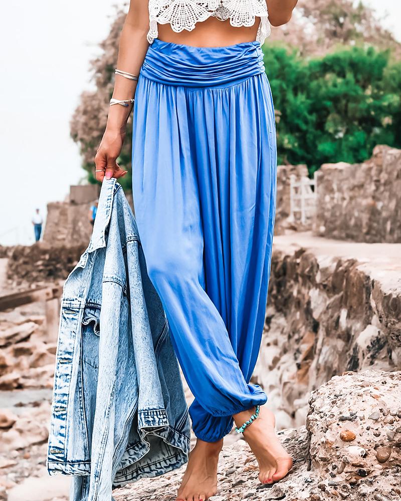 

High Waist Ruched Cuffed Pants, Blue