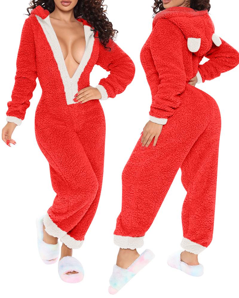 

Christmas Zipper Front Hooded Fluffy Adult Onesie, Red