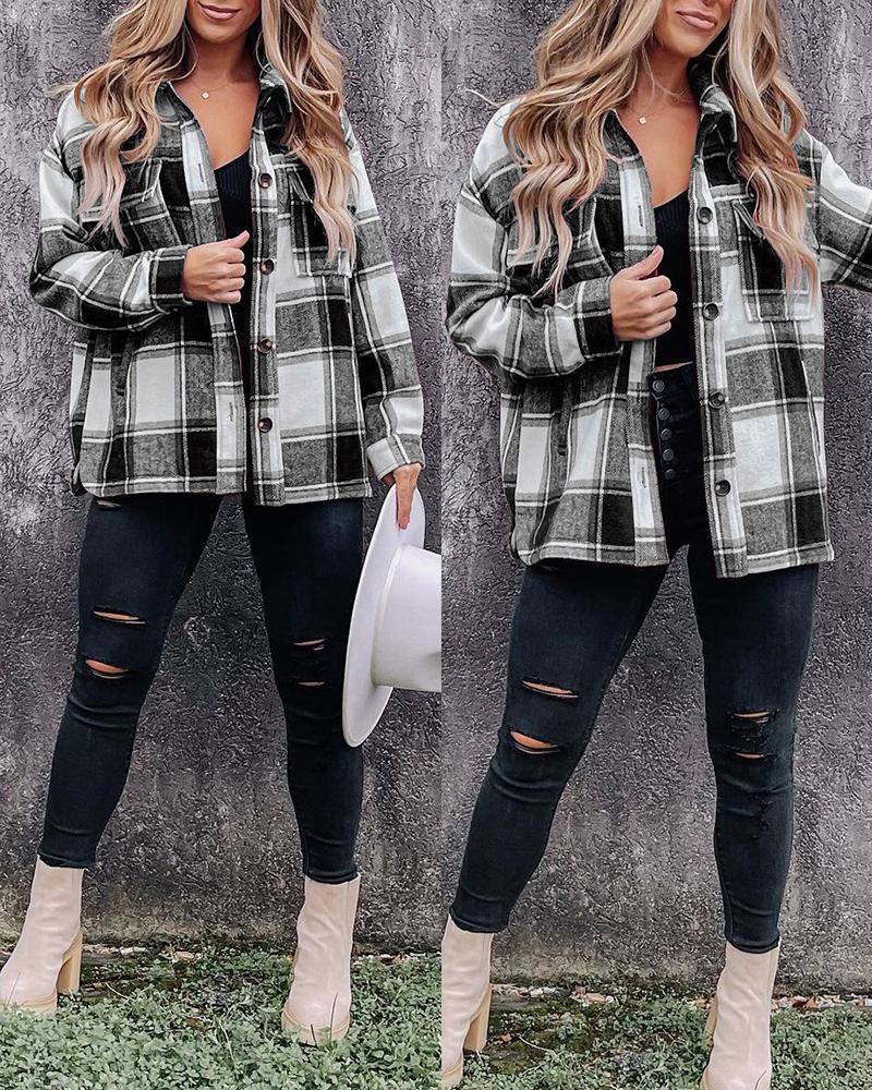 

Plaid Print Long Sleeve Button Down Shacket, Black