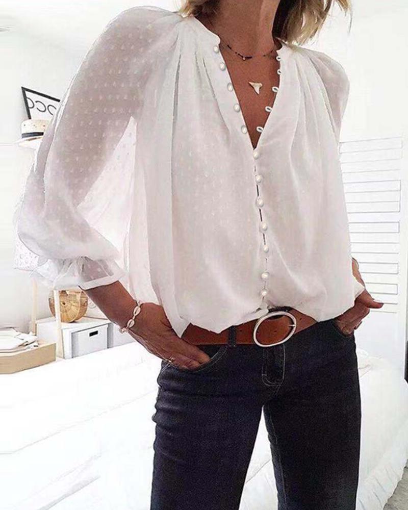 

Dots Button Long Sleeve Blouse, White