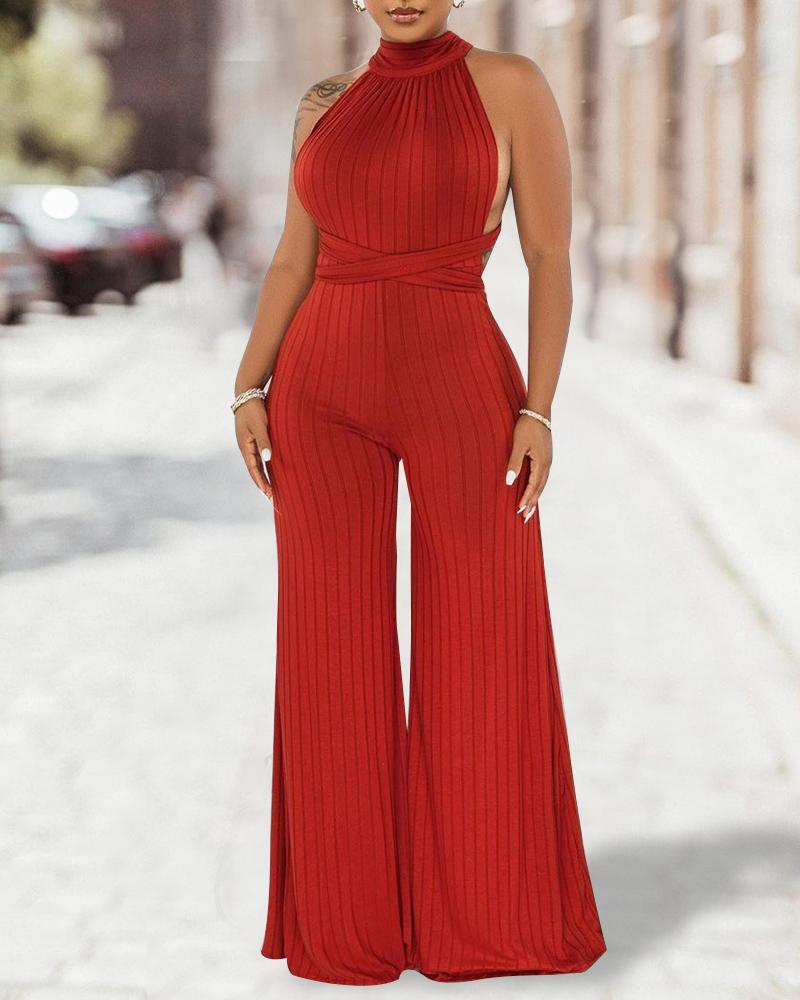 

Ribbed Criss Cross Tie Back Jumpsuit, Red