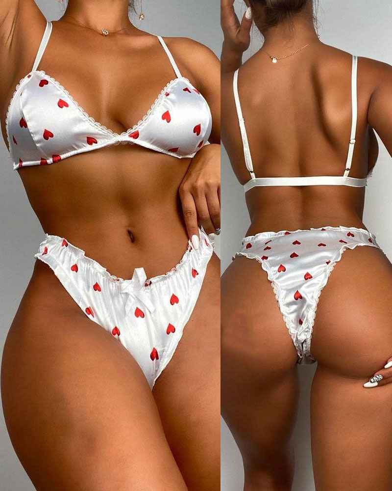 

Heart Print Bowknot Decor Lingerie Set, White