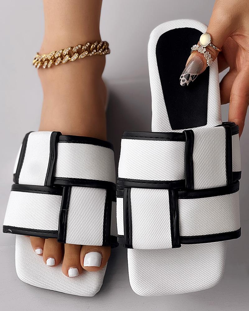 

Braided Wide Strap Summer Beach Slippers, Blackwhite