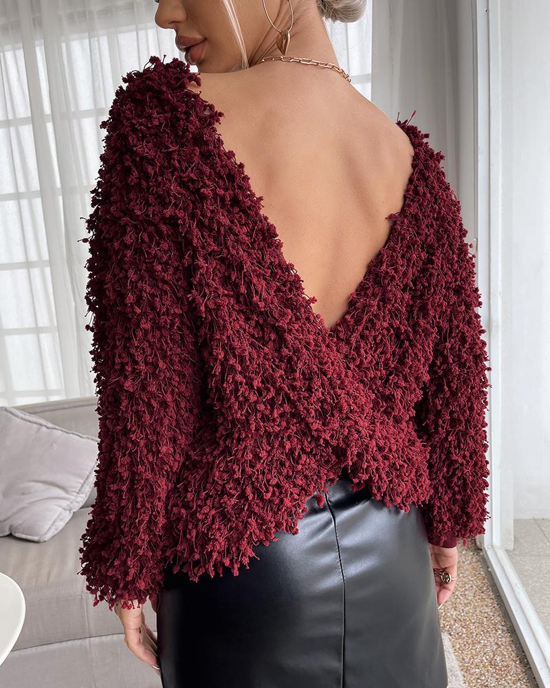 

Fluffy Twisted Back Long Sleeve Knit Sweater, Red