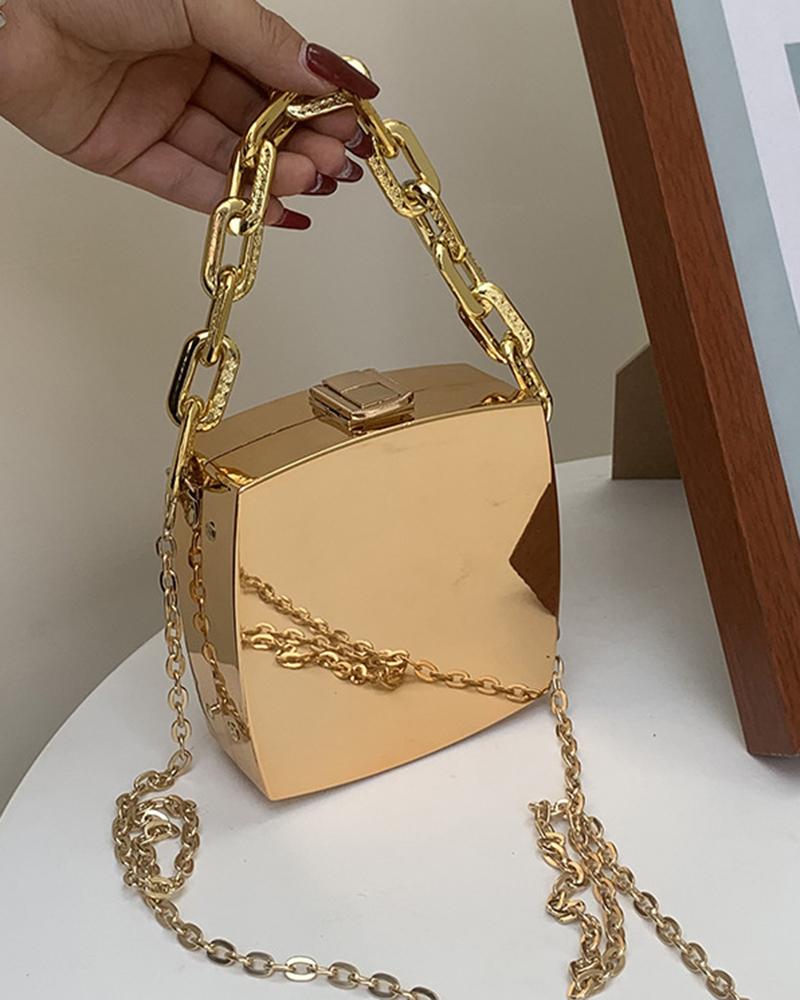 

Press Lock Chain Strap Mini Square Satchel Bag, Gold