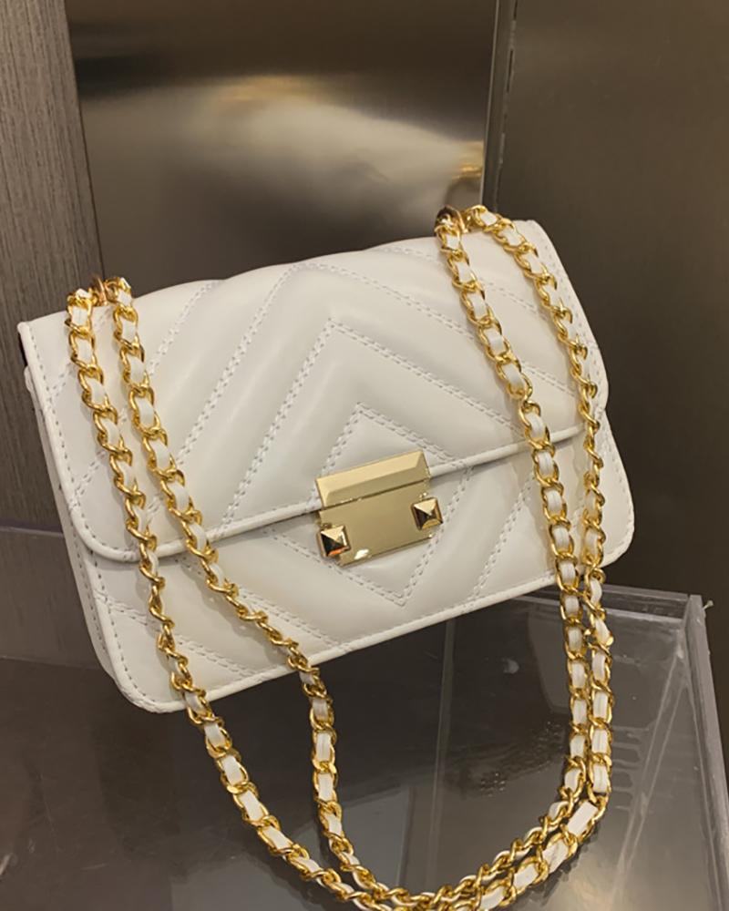 

Chevron Double Chain Strap Flap Shoulder Bag, White