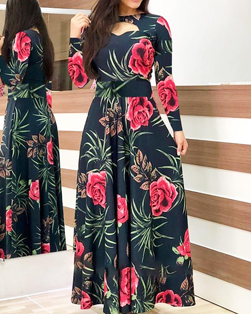 

Long Sleeve Floral Printed Dress, Black