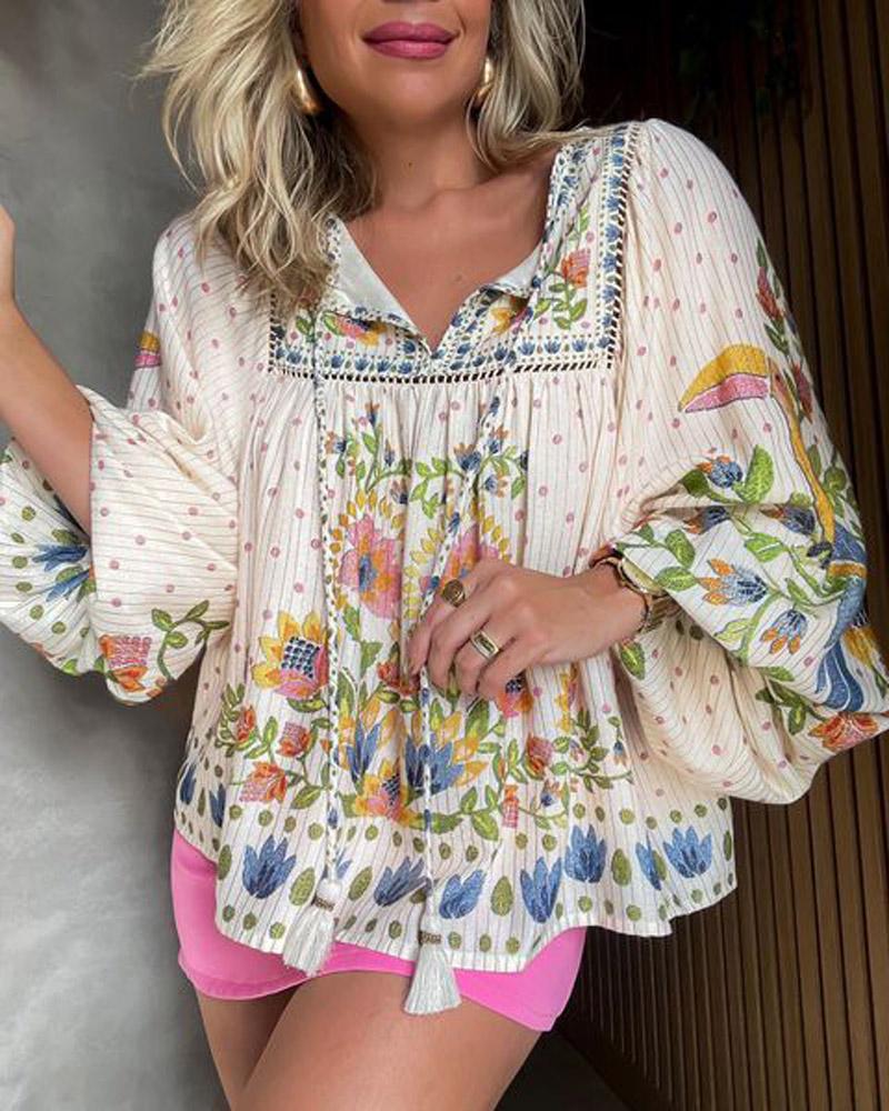 

Plants Print Tassel Detail Lantern Sleeve Top, Apricot