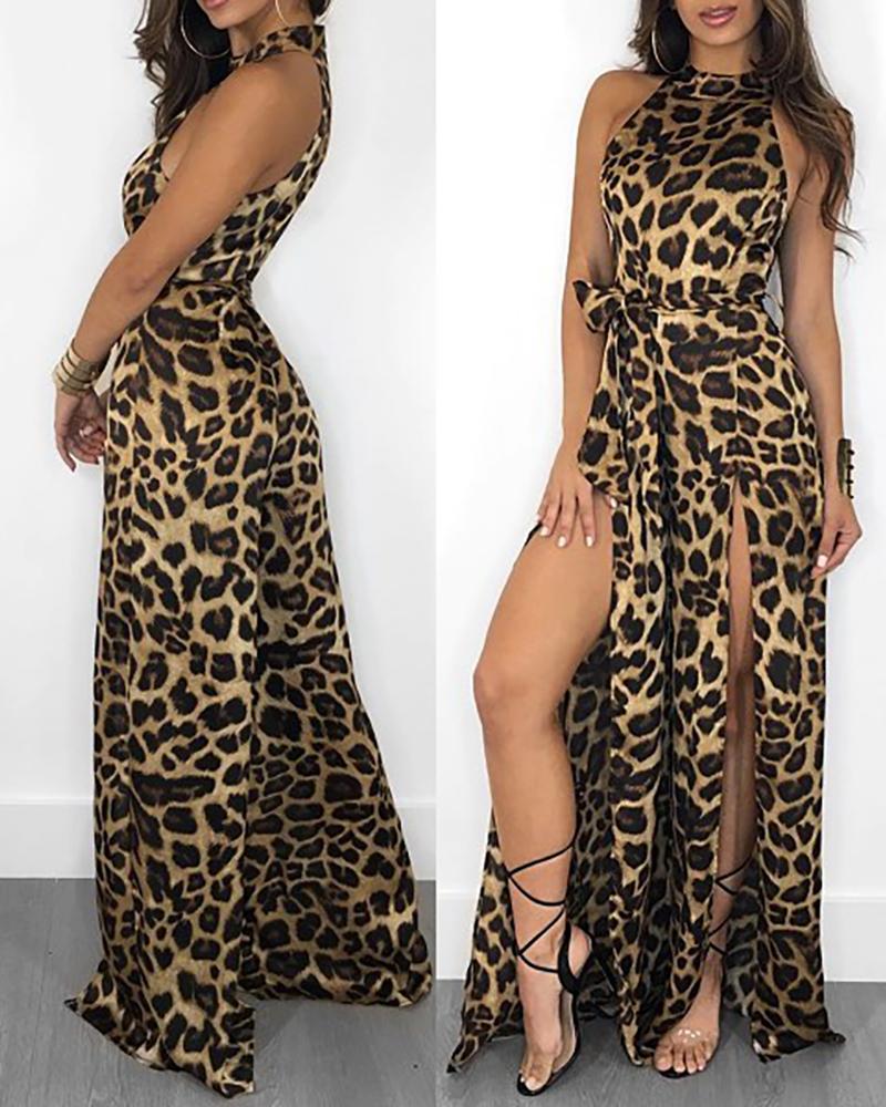 

Cheetah Print High Slit Sleeveless Jumpsuit, Leopard
