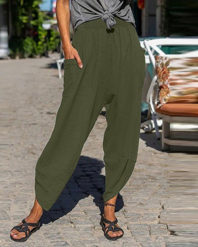 

Pocket Detail Casual Harem Pants, Green