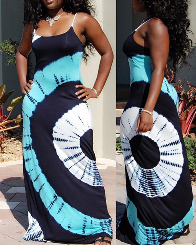 

Tie Dye Print Spaghetti Strap U-Neck Maxi Dress, White