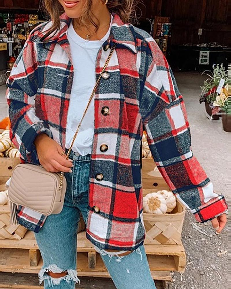 

Plaid Print Buttoned Long Sleeve Shacket, Red