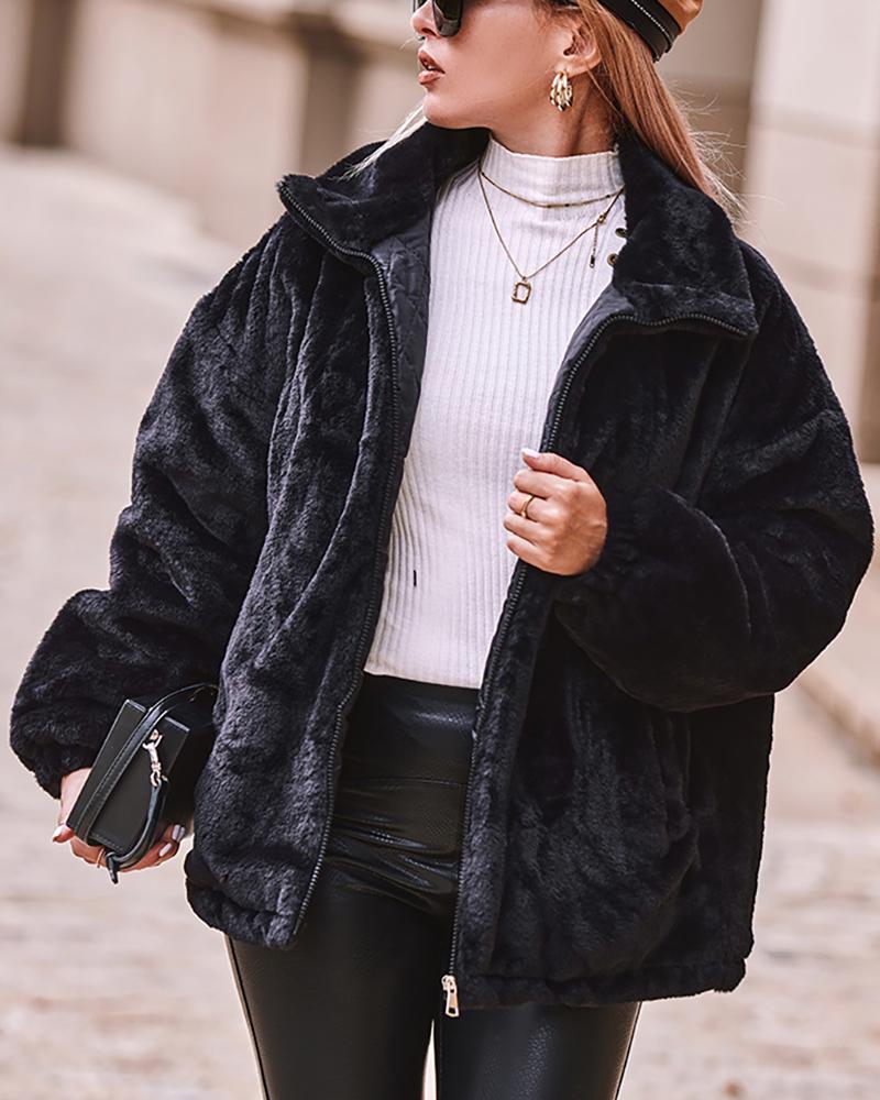 

Faux Fur High Neck Zipper Design Fuzzy Coat, Black
