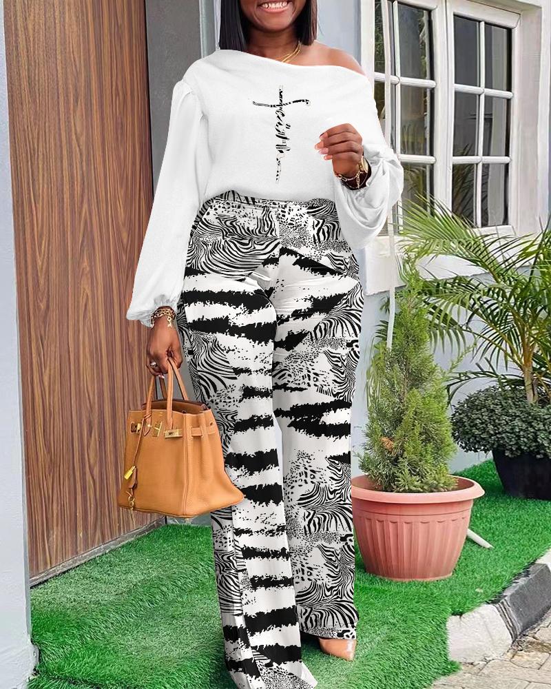 

Faith Tie Dye Zebra Stripe Print Lantern Sleeve Top & Pants Set, White