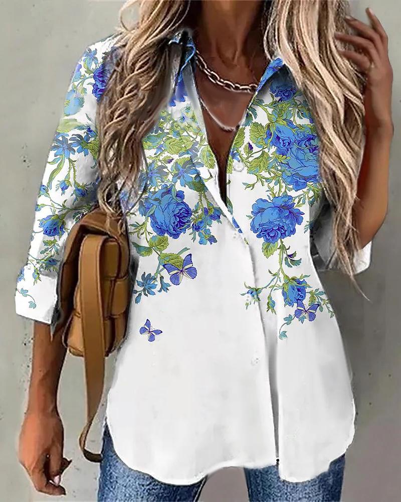 

Floral Print Long Sleeve Button Down Shirt, White