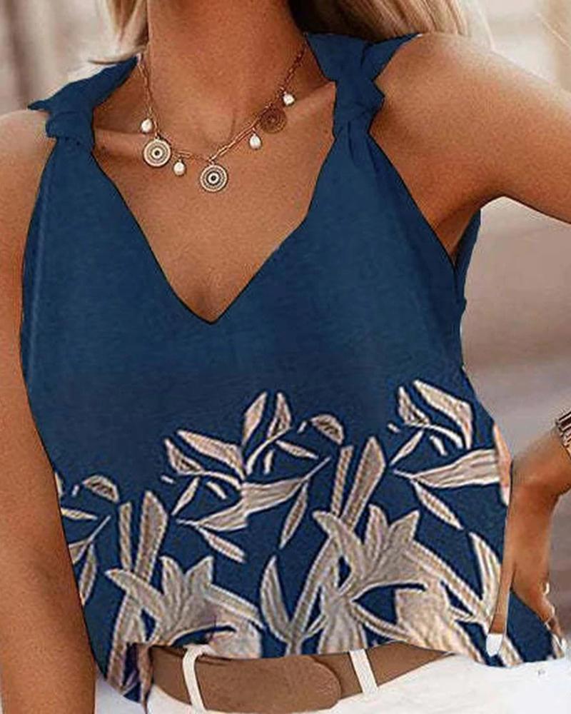 

Plants Print Knotted Detail V-Neck Tank Top, Purplish blue