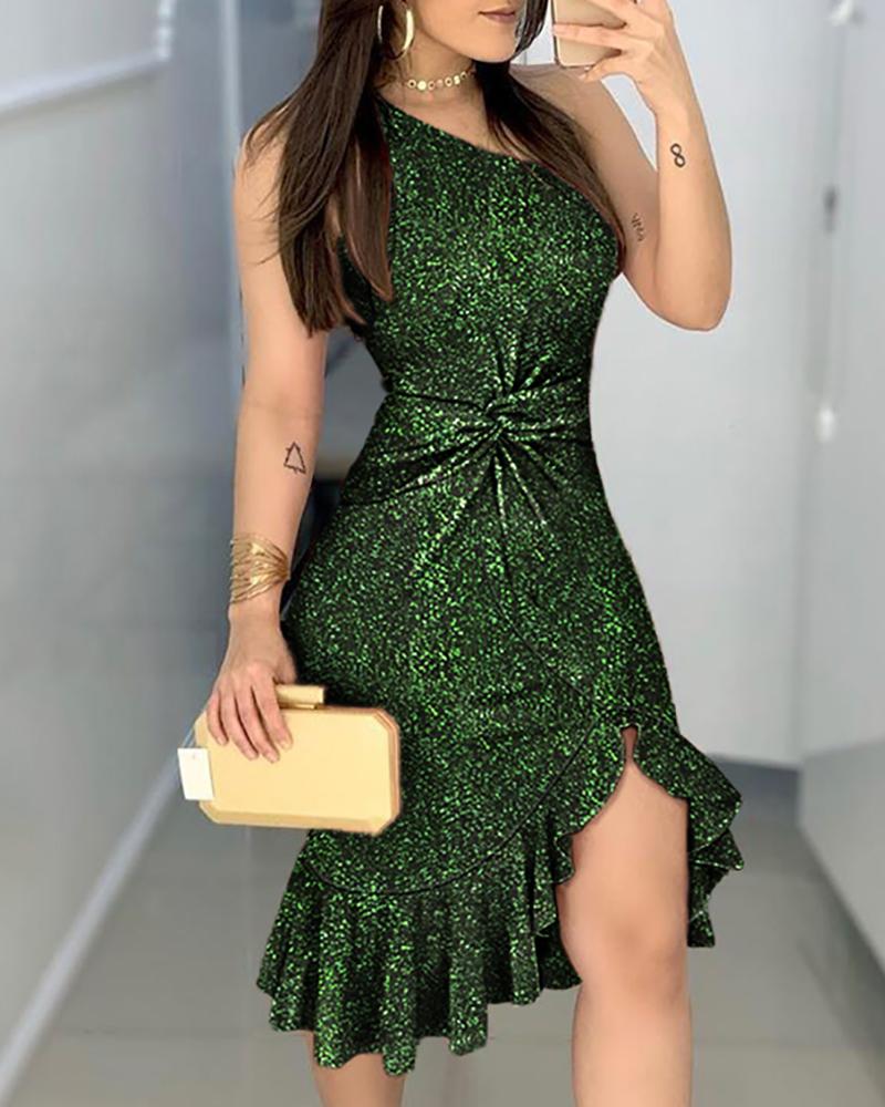 

Glitter One Shoulder Twisted Ruffles Party Dress, Green