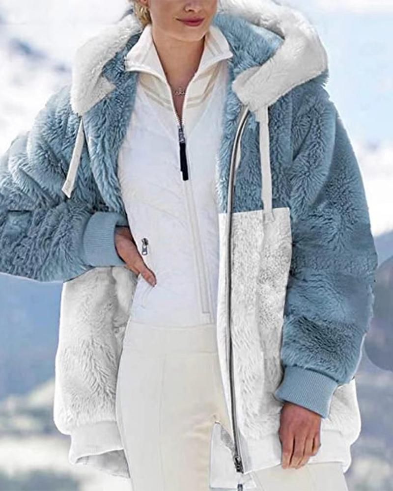 

Colorblock Long Sleeve Hooded Zip Up Teddy Coat, Blue