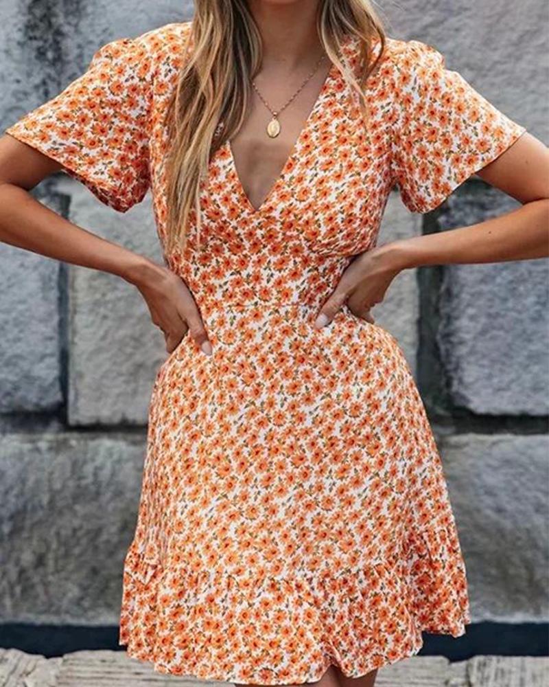 

Floral V Neck Fit & Flare Dress, Orange