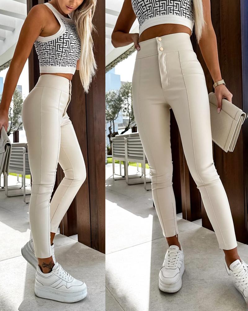 

Buttoned High Waist Skinny Pants, Apricot