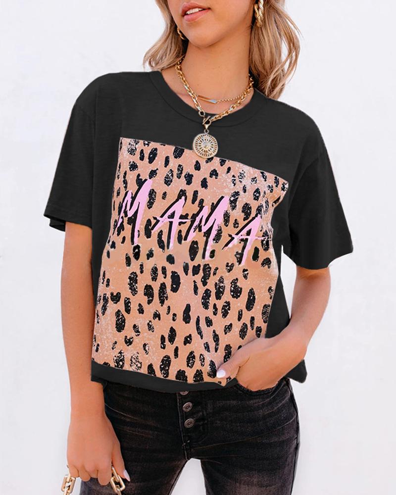 

Mother' Day Splicing Leopard Letter Print Short Sleeve T-shirt, Black