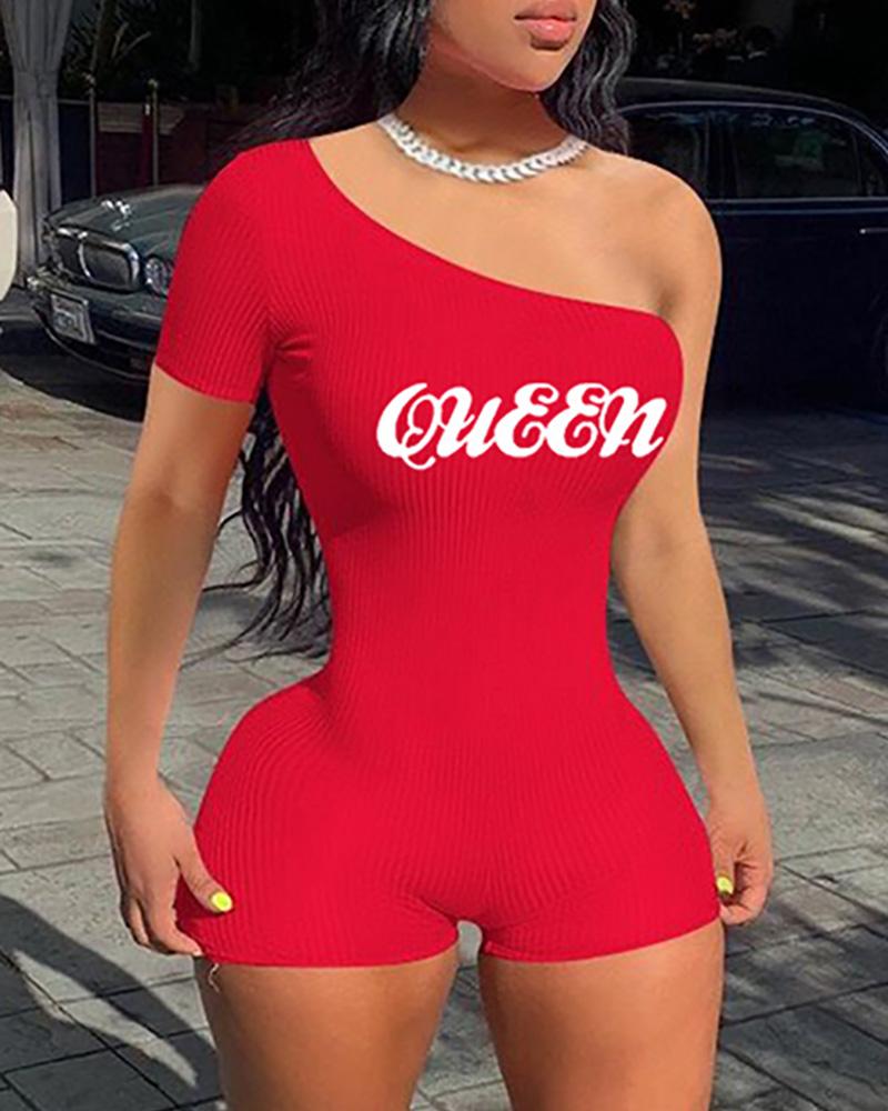

One Shoulder Letter Print Romper, Red