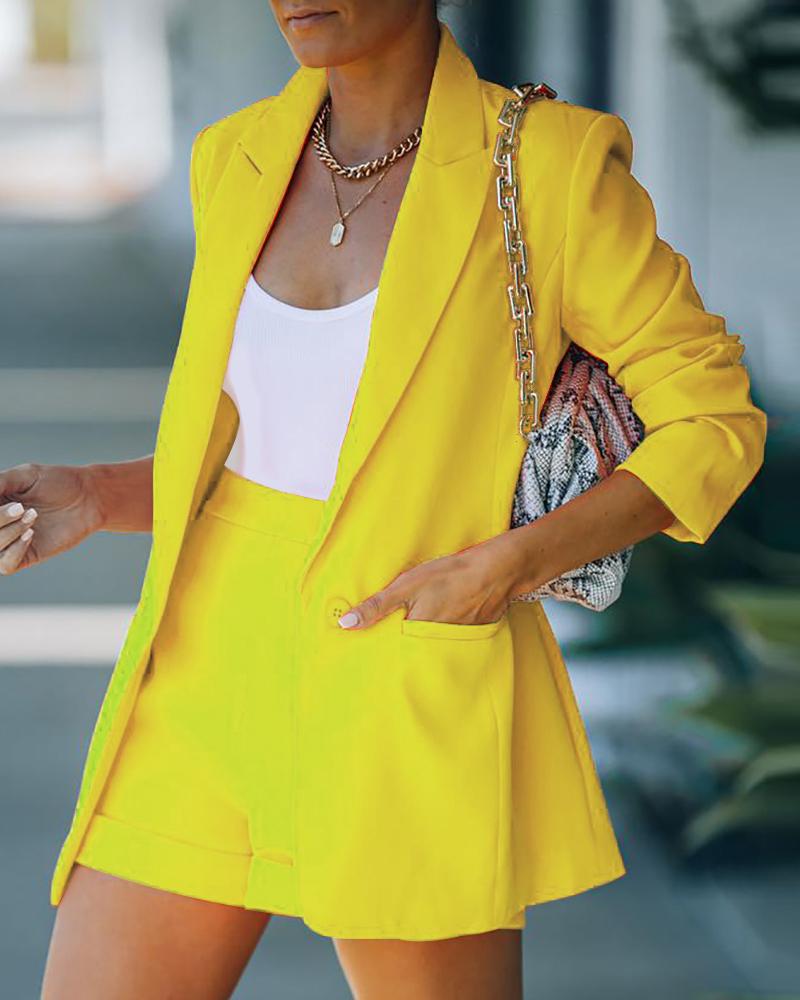 

Plain Long Sleeve Blazer Coat & Shorts Set, Yellow