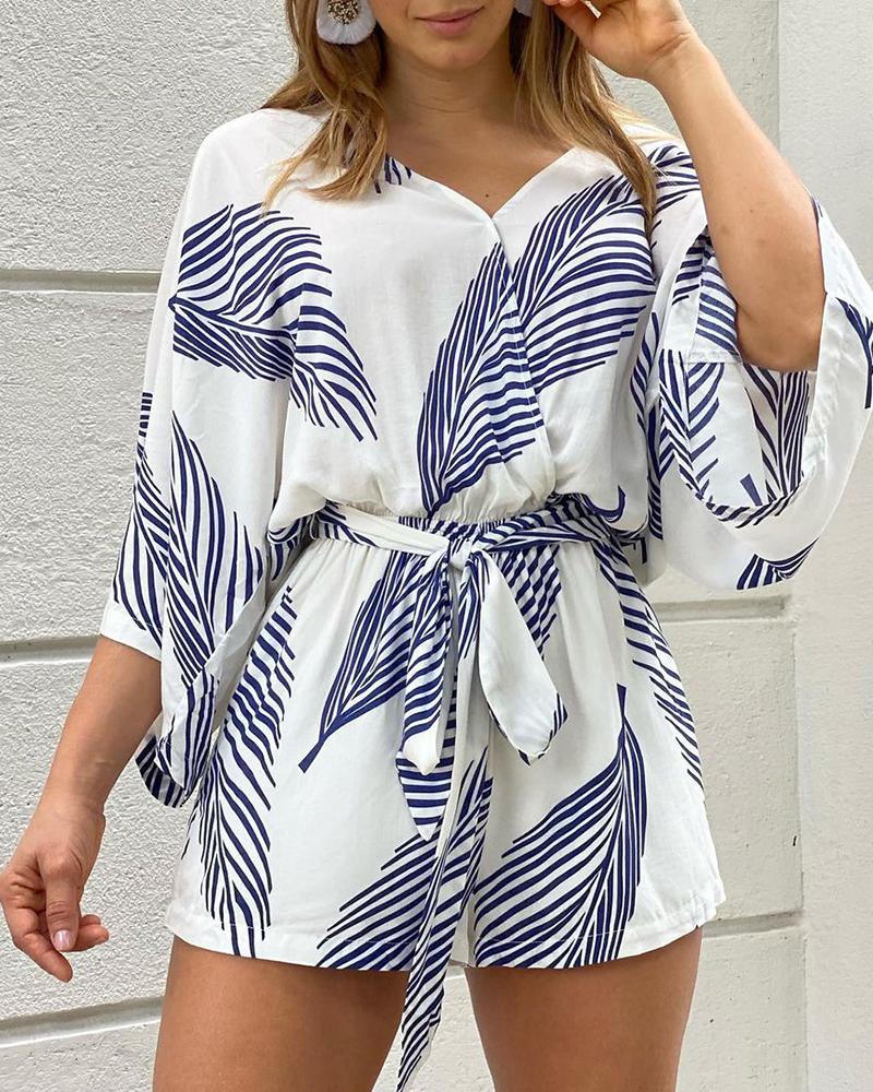 

Leaf Print Tied Detail Casual Romper, White