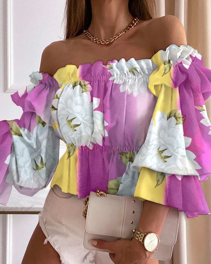 

Floral Print Off Shoulder Frill Hem Peplum Top, Purple