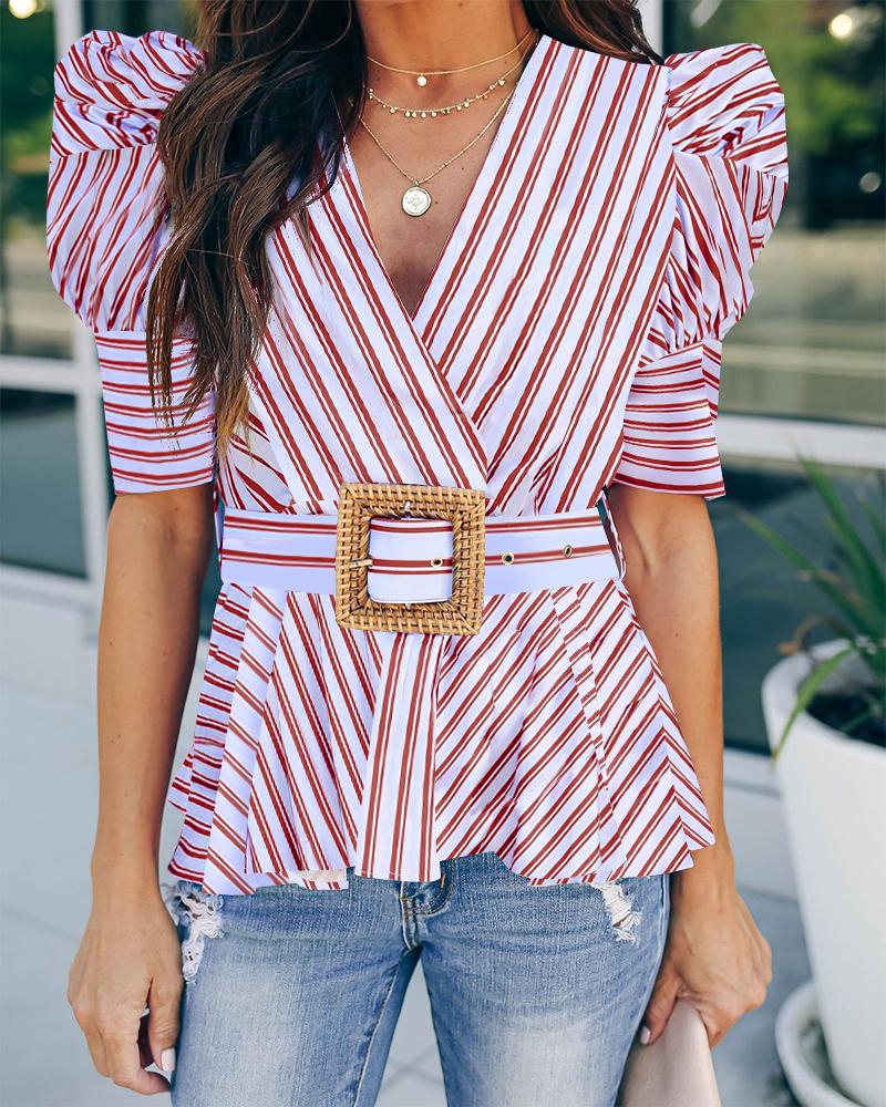 

Striped Puff Sleeve Ruffle Top With Belt, Red