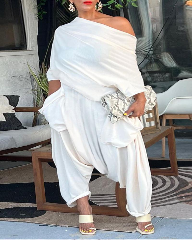 

Plus Size Multi-way Wear Pocket Design Harem Jumpsuit, White