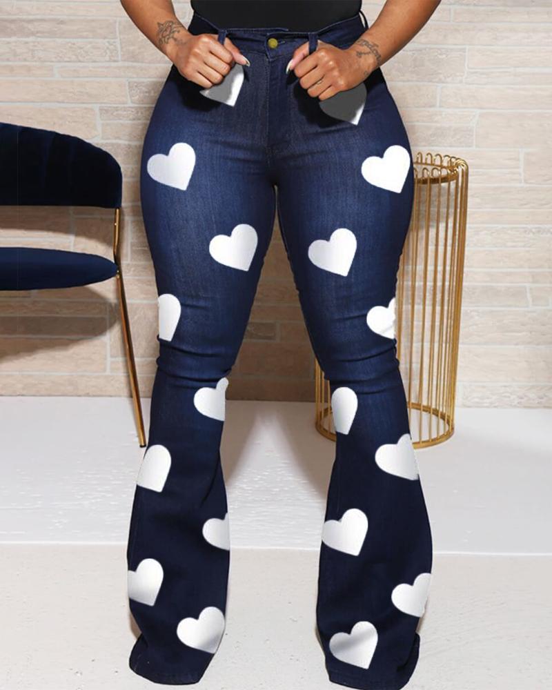 

Valentine's Day Heart Print High Waist Flared Leg Jeans, Dark blue