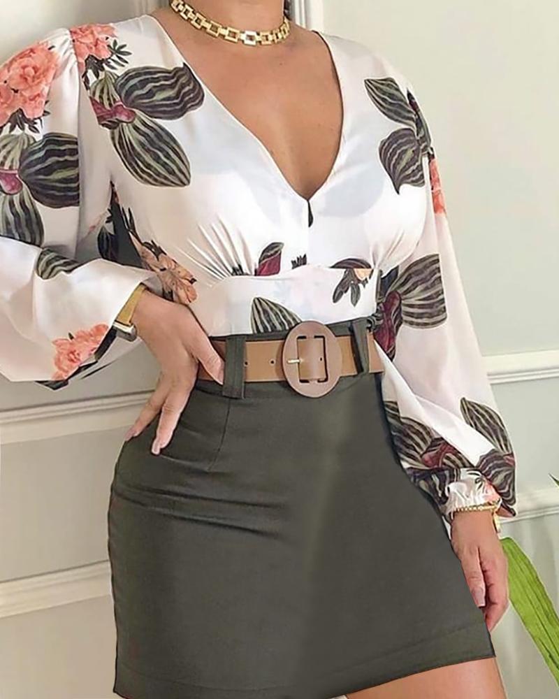 

Tropical Print Colorblock Lantern Sleeve Bodycon Dress, Army green