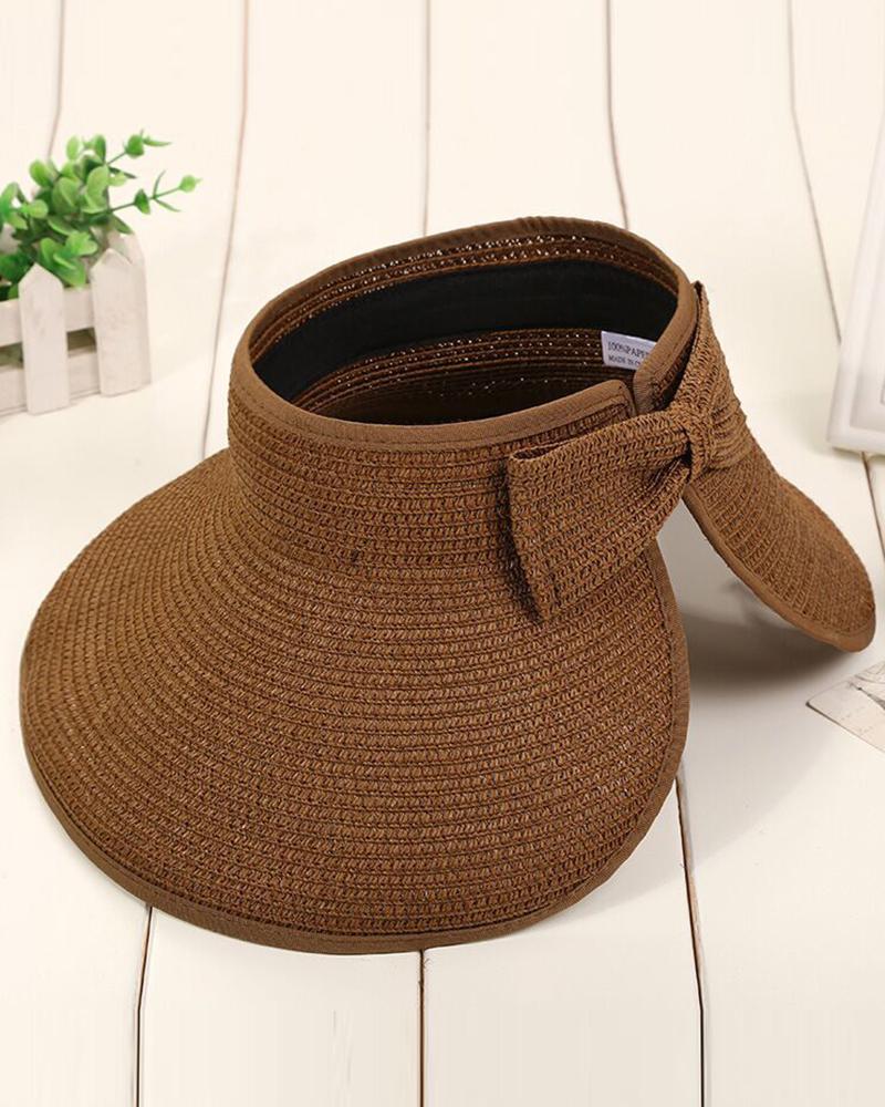 

Bowknot Design Wide Brim Sun Visor Straw Hat, Coffee