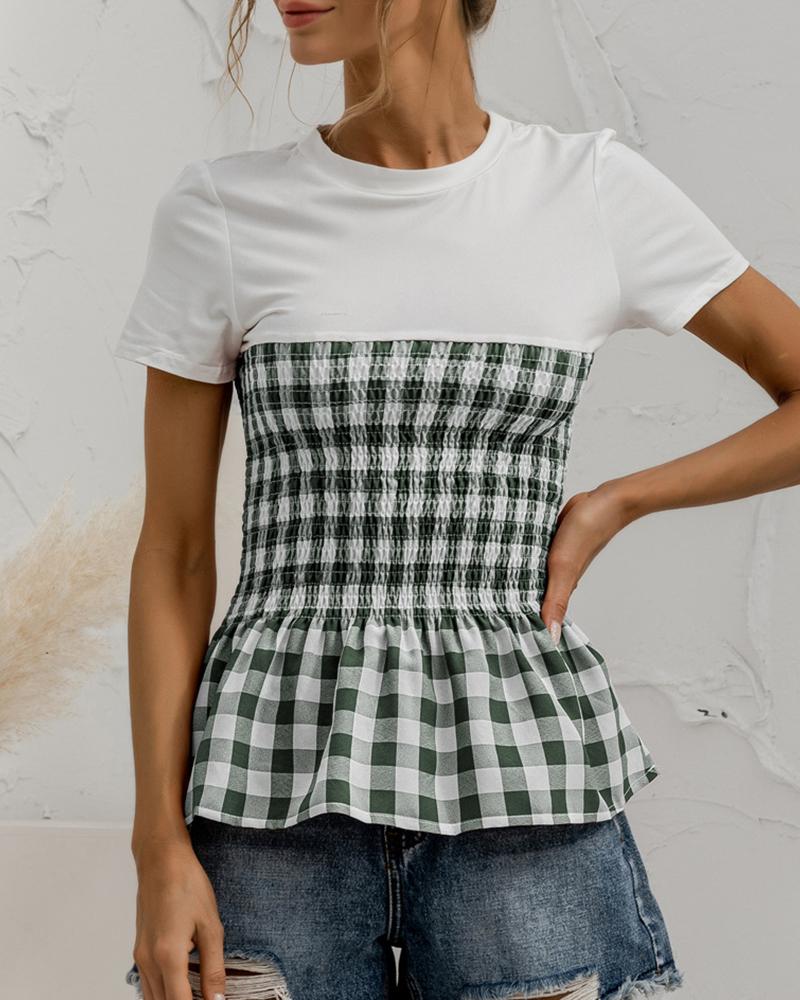 

Plaid Colorblock Shirring Round Neck T-Shirt, Green