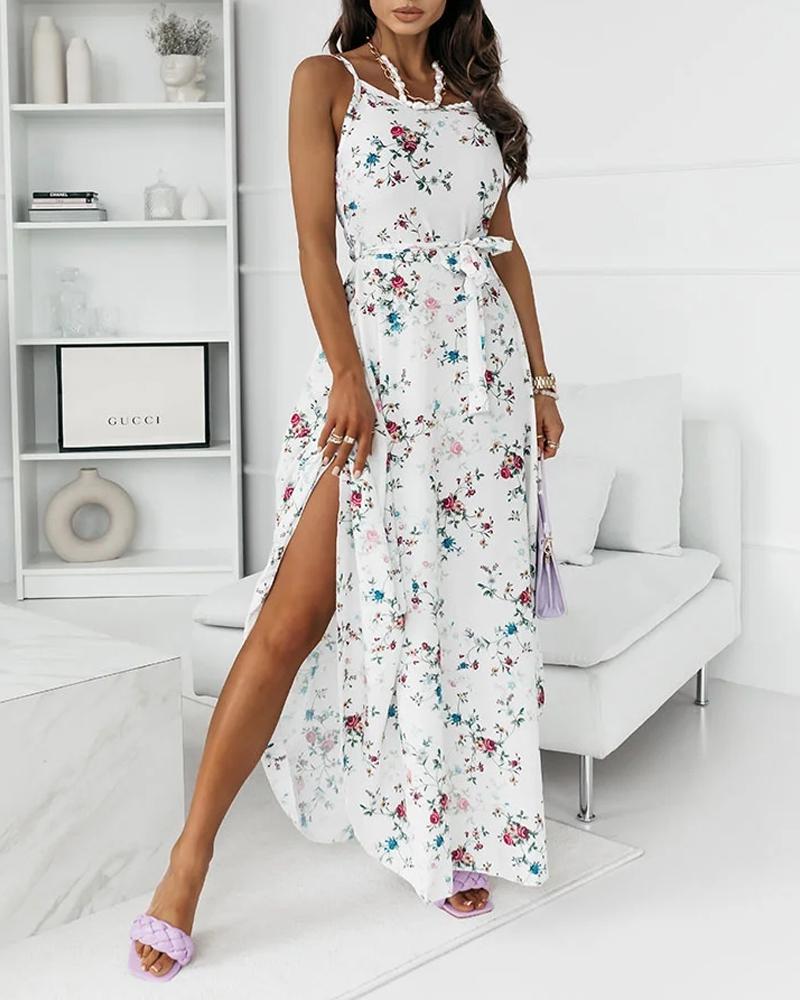 

Spaghetti Strap Curved Hem Belted Floral Print Dress, White