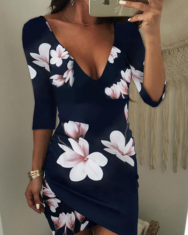 

Asymmetric Floral Print Open Back Bodycon Dress, Dark blue