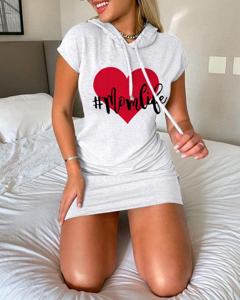

Mother' Day Letter Heart Print Short Sleeve Hooded Casual Dress, Light gray