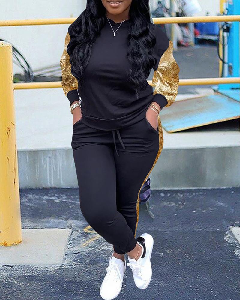 

Sequins Long Sleeve Top & Drawstring Waist Pants Set, Gold
