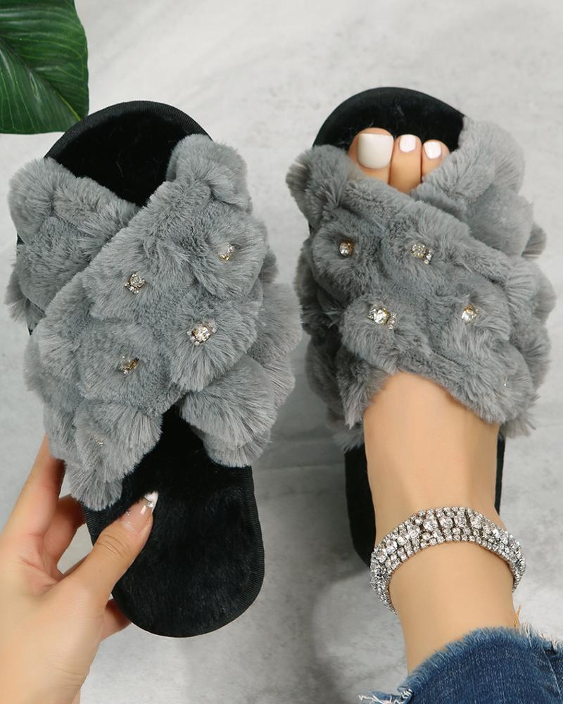 

Cross Strap Fuzzy Winter Slippers, Black