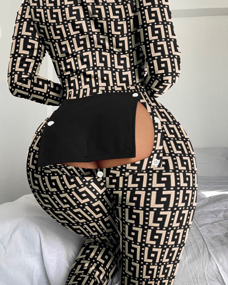

Geo Print Functional Buttoned Flap Adult Onesie, Black