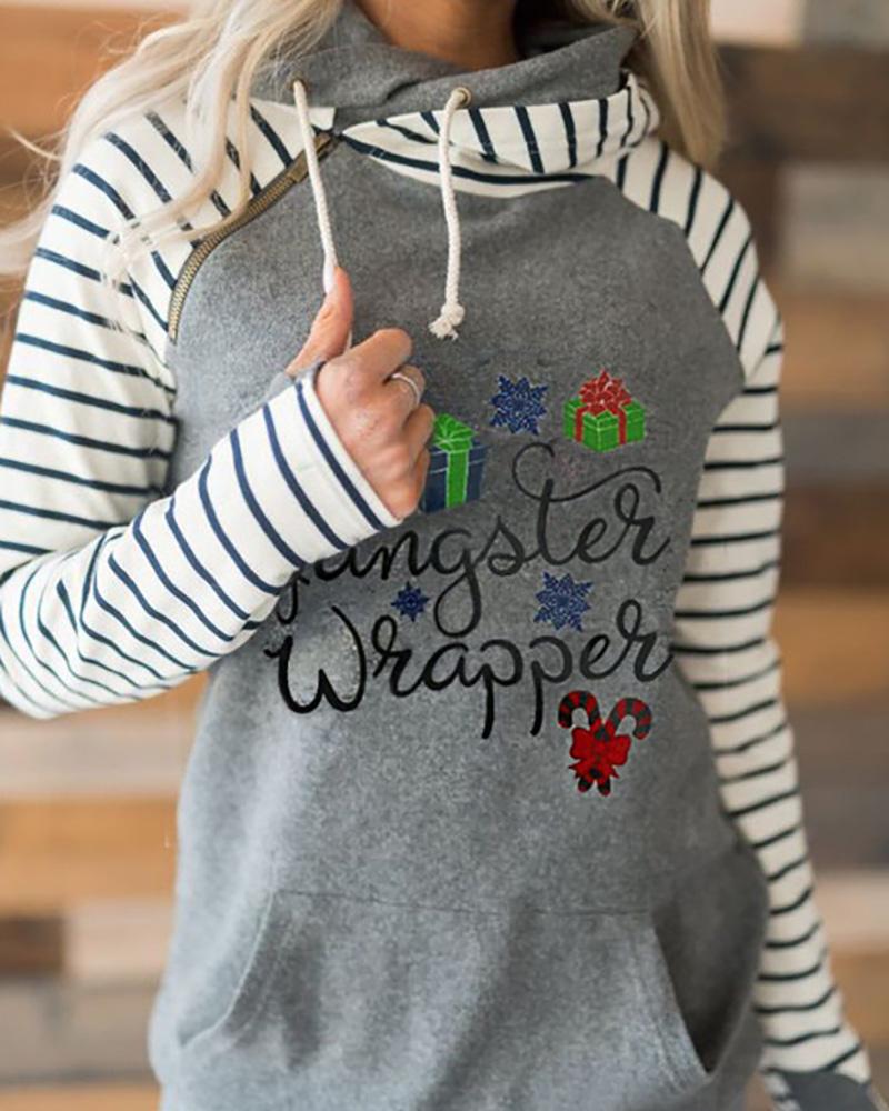 

Christmas Striped Letter Snowflake Print Drawstring Casual Top, Gray
