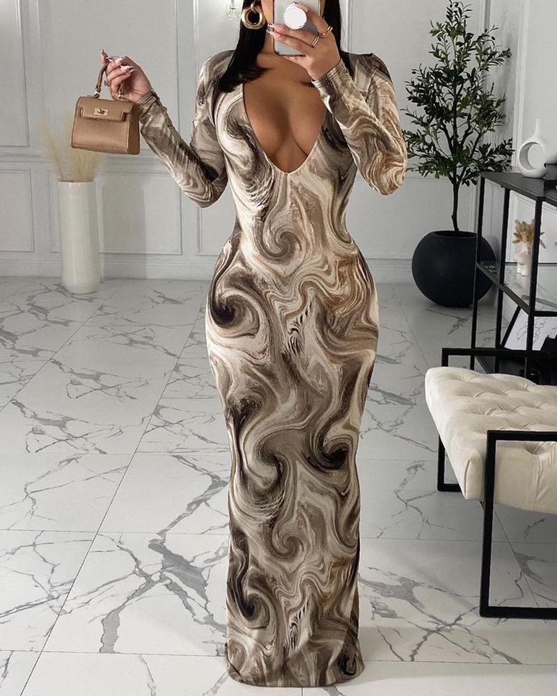 

Plunge Long Sleeve Abstract Print Bodycon Dress, Khaki