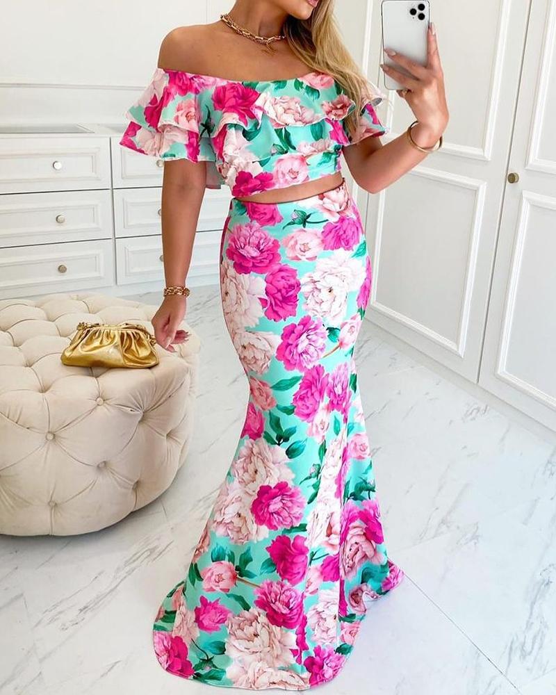 

Floral Print Off Shoulder Ruffle Hem Crop Top & Mermaid Skirt Set, Multicolor