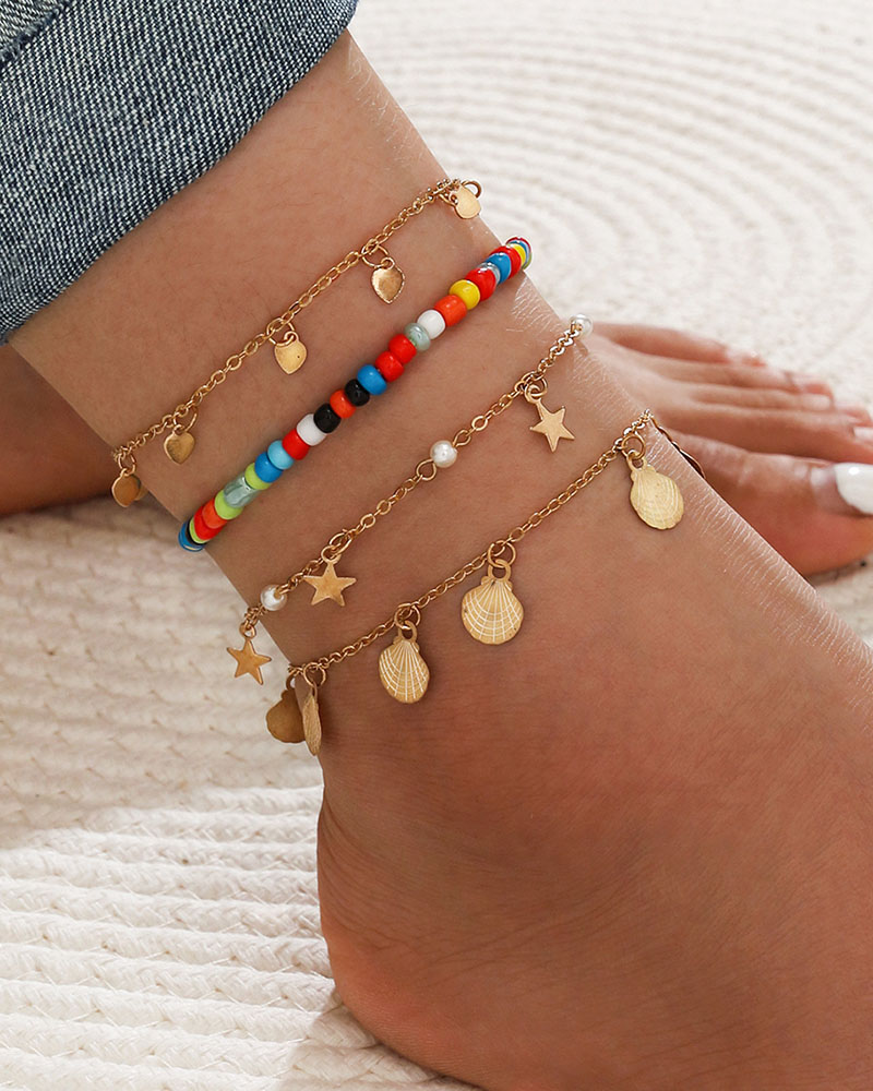 

Star & Shell & Heart Colorful Beaded Anklet Set, Gold
